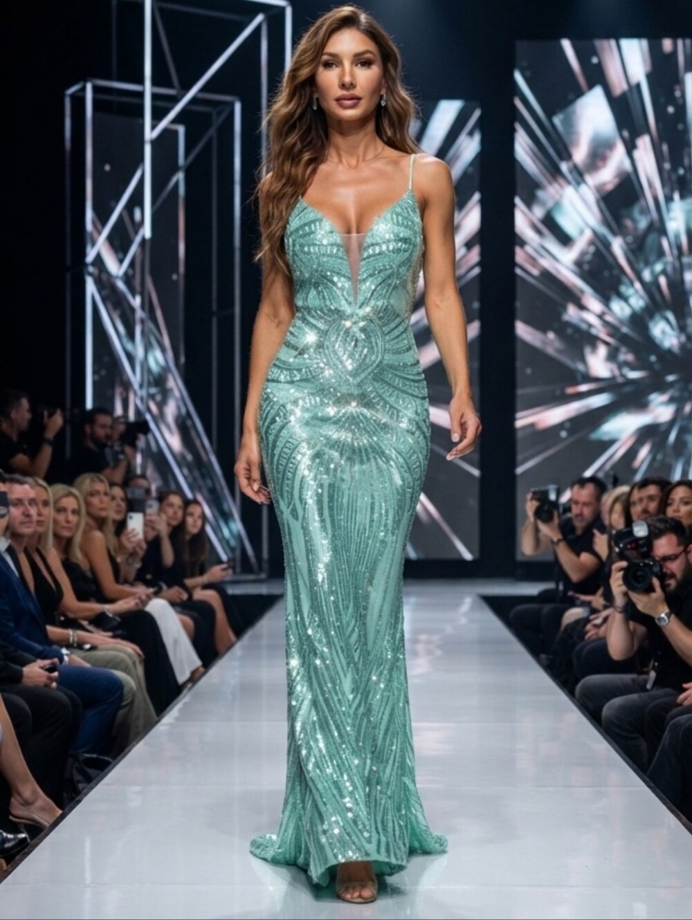 Mint Green, Geo Print, Sleeveless, Beaded Draped Back, Sequined Mermai…CUSTOM - Picture 2 of 16
